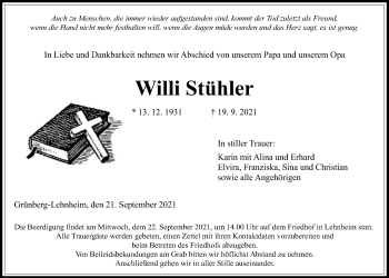 Traueranzeige von Willi Stühler von Giessener Allgemeine, Alsfelder Allgemeine