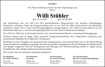 Traueranzeige von Willi Stühler von Heimatzeitung Grünberg + Laubach