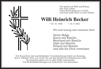 Traueranzeige von Willi Heinrich Becker von Alsfelder Allgemeine