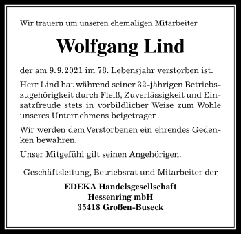Traueranzeige von Wolfgang Lind von Giessener Allgemeine, Alsfelder Allgemeine