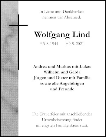 Traueranzeige von Wolfgang Lind von Giessener Allgemeine, Alsfelder Allgemeine