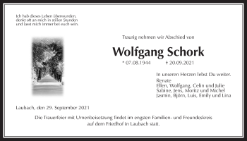 Traueranzeige von Wolfgang Schork von Laubacher Anzeiger
