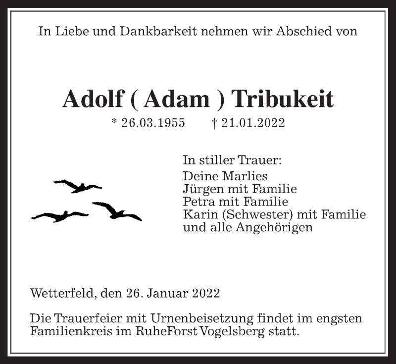  Traueranzeige für Adolf Tribukeit vom 26.01.2022 aus Laubacher Anzeiger