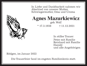 Traueranzeige von Agnes Mazurkiewicz von Wetterauer Zeitung