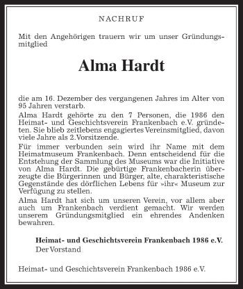 Traueranzeige von Alma Hardt von Giessener Allgemeine, Alsfelder Allgemeine, Giessener Anzeiger