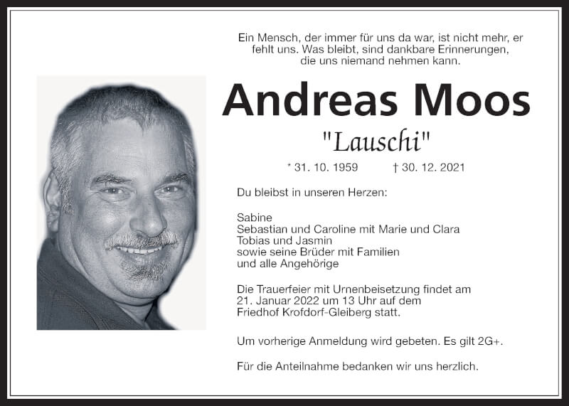  Traueranzeige für Andreas Moos vom 15.01.2022 aus Giessener Allgemeine, Alsfelder Allgemeine