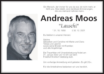 Traueranzeige von Andreas Moos von Giessener Allgemeine, Alsfelder Allgemeine