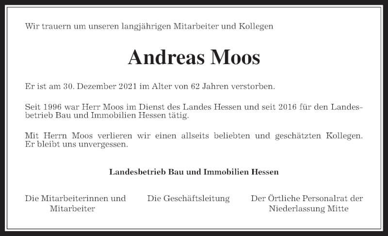  Traueranzeige für Andreas Moos vom 15.01.2022 aus Giessener Allgemeine, Alsfelder Allgemeine