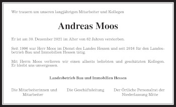 Traueranzeige von Andreas Moos von Giessener Allgemeine, Alsfelder Allgemeine