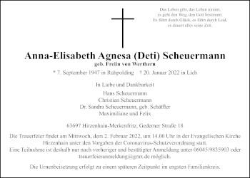 Traueranzeige von Anna-Elisabeth Agnesa Scheuermann 