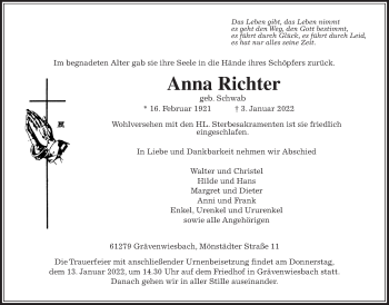 Traueranzeige von Anna Richter von Usinger Anzeiger