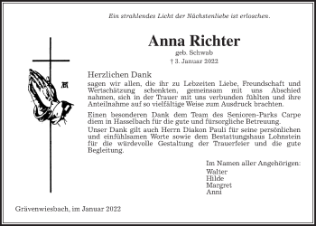 Traueranzeige von Anna Richter von Usinger Anzeiger