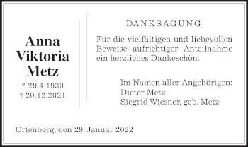 Traueranzeige von Anna Viktoria Metz 
