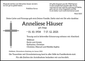 Traueranzeige von Anneliese Häuser von Giessener Allgemeine, Alsfelder Allgemeine, Giessener Anzeiger