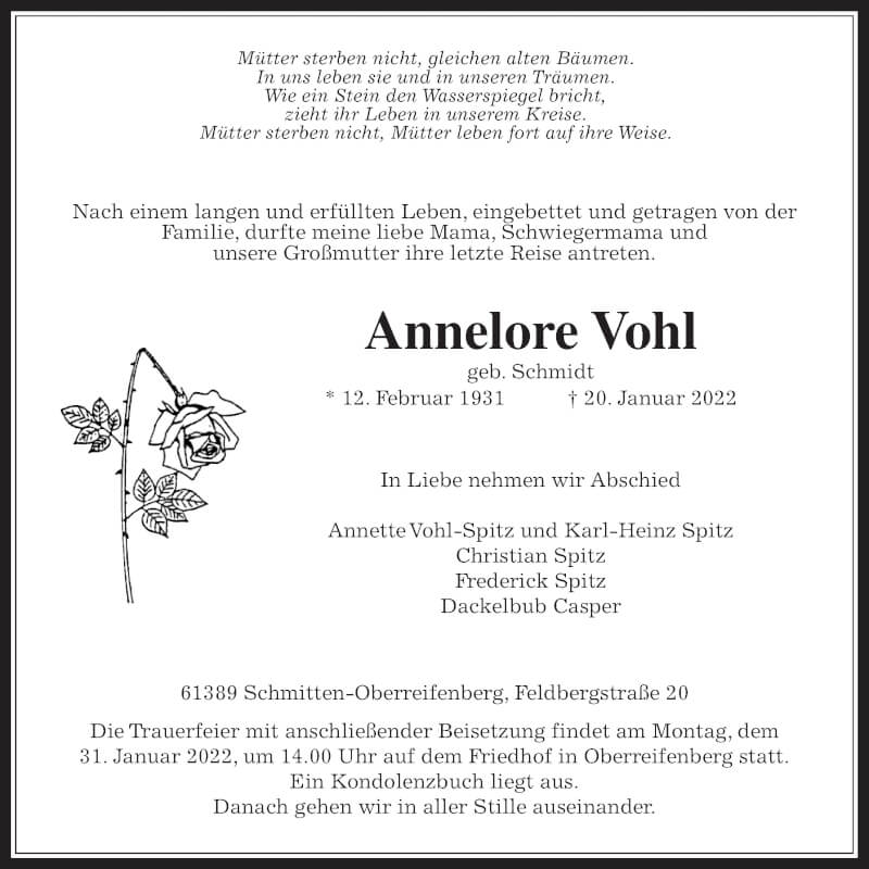  Traueranzeige für Annelore Vohl vom 29.01.2022 aus Usinger Anzeiger