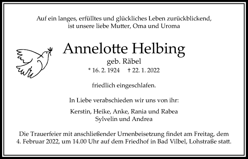  Traueranzeige für Annelotte Helbing vom 27.01.2022 aus Bad Vilbel/Karben