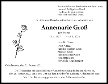 Traueranzeige von Annemarie Groß von Giessener Allgemeine, Alsfelder Allgemeine, Giessener Anzeiger