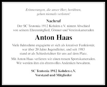Traueranzeige von Anton Haas 
