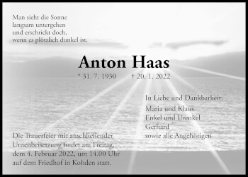 Traueranzeige von Anton Haas 