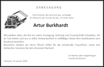 Traueranzeige von Artur Burkhardt von Giessener Allgemeine, Alsfelder Allgemeine