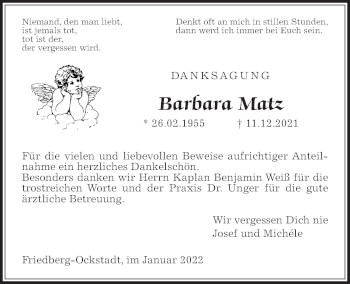Traueranzeige von Barbara Matz von Wetterauer Zeitung