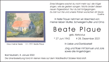 Traueranzeige von Beate Plaue von Wetterauer Zeitung