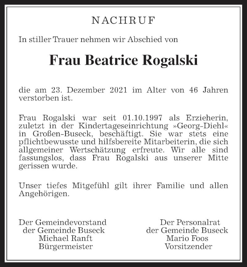  Traueranzeige für Beatrice Rogalski vom 15.01.2022 aus Giessener Allgemeine, Alsfelder Allgemeine