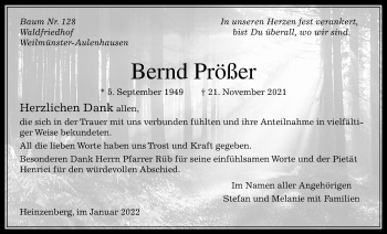 Traueranzeige von Bernd Prößer von Usinger Anzeiger