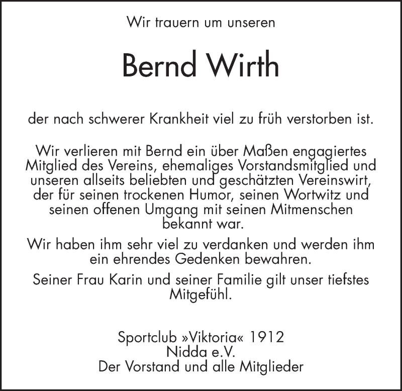  Traueranzeige für Bernd Wirth vom 08.01.2022 aus Kreis-Anzeiger
