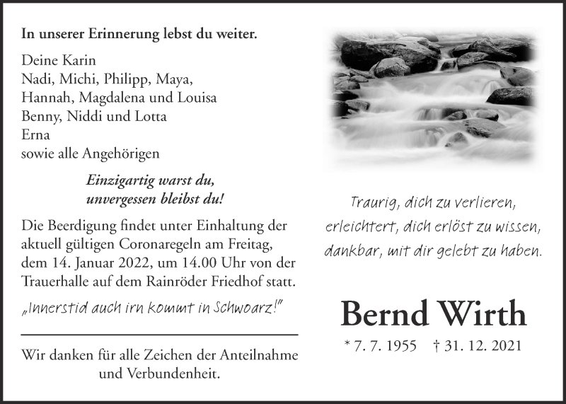  Traueranzeige für Bernd Wirth vom 08.01.2022 aus Kreis-Anzeiger