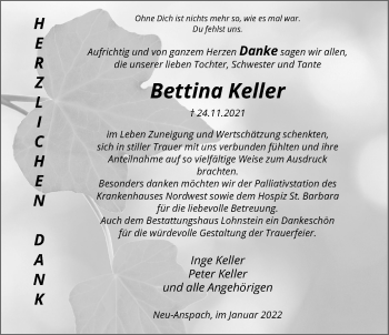 Traueranzeige von Bettina Keller von Usinger Anzeiger