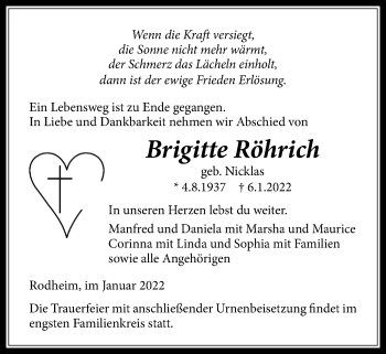 Traueranzeige von Brigitte Röhrich von Licher Wochenblatt