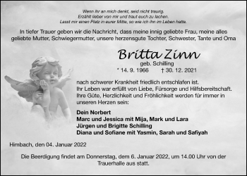 Traueranzeige von Britta Zinn von Kreis-Anzeiger