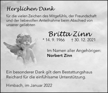 Traueranzeige von Britta Zinn von Kreis-Anzeiger