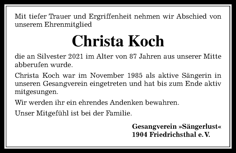  Traueranzeige für Christa Koch vom 14.01.2022 aus Usinger Anzeiger