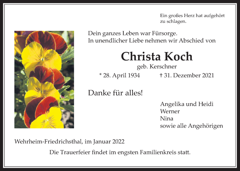  Traueranzeige für Christa Koch vom 08.01.2022 aus Usinger Anzeiger