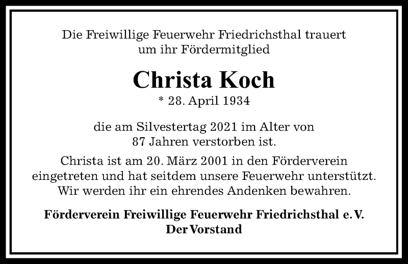 Traueranzeige für Christa Koch vom 11.01.2022 aus Usinger Anzeiger