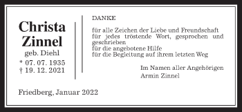 Traueranzeige von Christa Zinnel von Wetterauer Zeitung