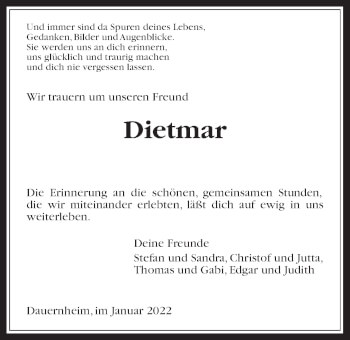 Traueranzeige von Dietmar Holz 