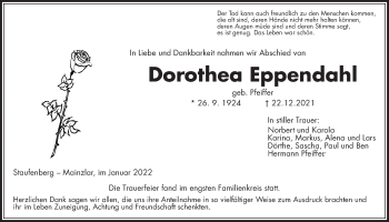 Traueranzeige von Dorothea Eppendahl von Giessener Allgemeine, Alsfelder Allgemeine, Giessener Anzeiger