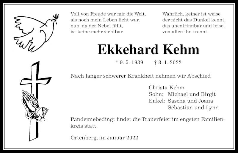  Traueranzeige für Ekkehard Kehm vom 15.01.2022 aus Wetterauer Zeitung