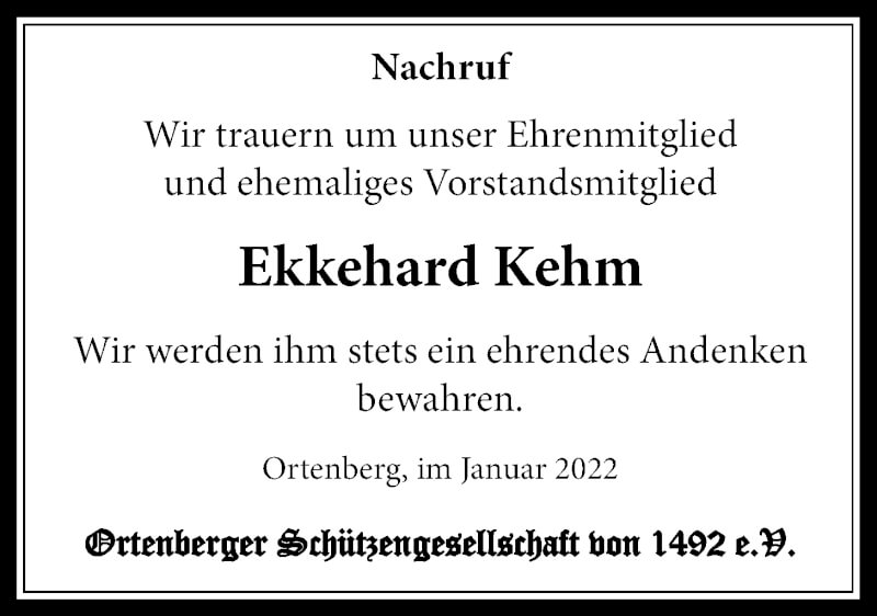  Traueranzeige für Ekkehard Kehm vom 29.01.2022 aus 
