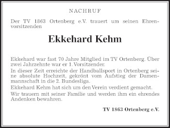 Traueranzeige von Ekkehard Kehm 