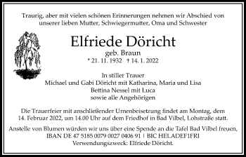 Traueranzeige von Elfriede Döricht von Wetterauer Zeitung, Bad Vilbeler Anzeiger, Karbener Zeitung