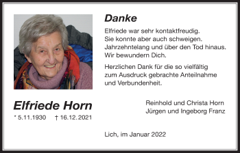 Traueranzeige von Elfriede Horn von Licher Wochenblatt