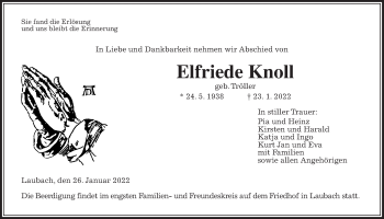 Traueranzeige von Elfriede Knoll von Laubacher Anzeiger