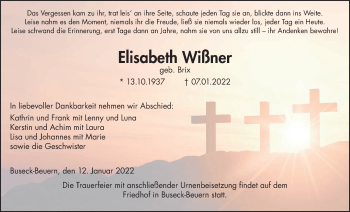 Traueranzeige von Elisabeth Wißner von Giessener Allgemeine, Alsfelder Allgemeine