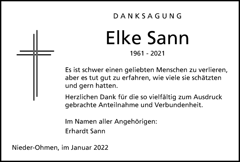  Traueranzeige für Elke Sann vom 22.01.2022 aus Giessener Allgemeine, Alsfelder Allgemeine