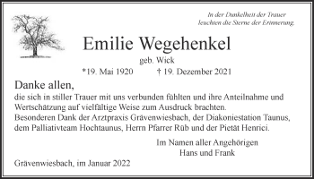 Traueranzeige von Emilie Wegehenkel von Usinger Anzeiger