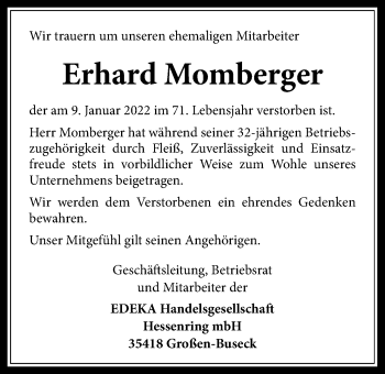 Traueranzeige von Erhard Momberger von Giessener Allgemeine, Alsfelder Allgemeine, Rabenauer Zeitung